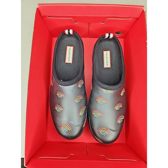 Nwb Hunter Women's Original Waterproof Play Mini Rainbow Print Clogs Size 8 - Picture 1 of 12